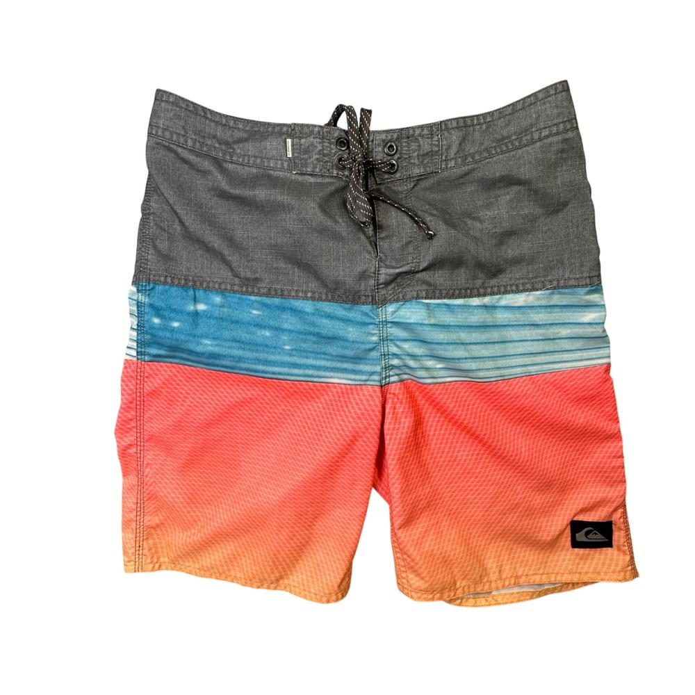 Quiksilver Board Shorts Colorblock Neon Orange Blue Grey Swim Trunks 28 Youth